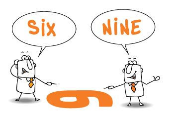 debate team graphic stick figures looking at numeral from different perspectives saying 6 or 9